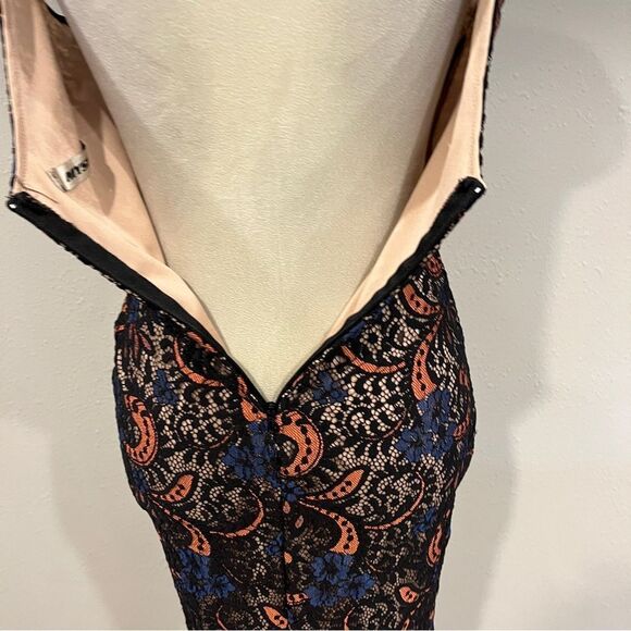 Mystic Black and Orange lace Sheath Midi Dress with Cap Sleeves size extra small - Picture 8 of 13